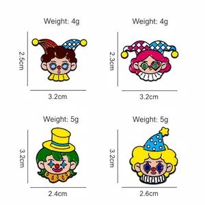 Set of four cute cartoon clown enamel pins for clothes and bags in various designs