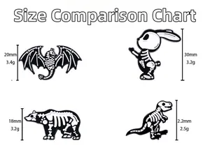 Size comparison chart for animal skeleton enamel pins showing dimensions and weight metrics