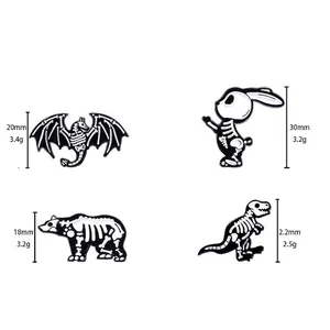 Size comparison chart for skeleton dinosaur bat rabbit and bear enamel pins