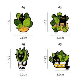 Set of four cute cartoon black cat and green plant enamel pins with size dimensions