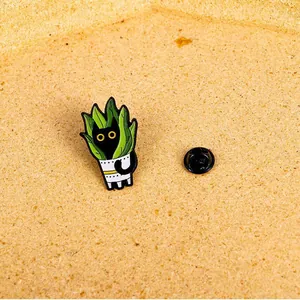 Cute cartoon black cat in white plant pot enamel pin with green leaves and rubber back