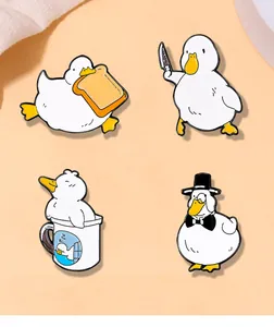 Detailed set of four cute cartoon duck enamel pins featuring various funny poses
