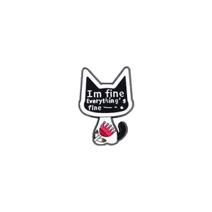 Cartoon Halloween cat enamel pin with I'm fine text and red floral patterns