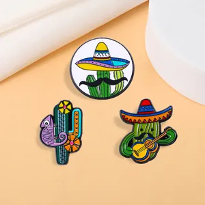 Creative Enamel Pin Zinc Alloy Cactus Chameleon Mexican Sombrero Guitar Brooch For Backpack Denim Jacket Decoration Jewelry
