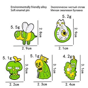 Creative enamel skeleton and caterpillar cartoon badges with size and weight details
