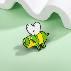 Cute green and yellow cartoon bee enamel brooch pin with white heart-shaped wings