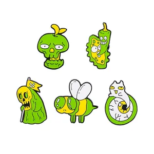 Creative 5-piece set of green and yellow enamel pins featuring skull and insect designs