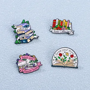 Cartoon Book Enamel Brooch Pin Zinc Alloy Literary Floral Book Collector Badge For Students Backpack Clothes Accessories