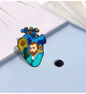 Detailed view of Van Gogh style heart enamel pin with sunflower and Starry Night patterns