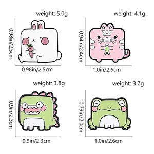 Set of four cute cartoon enamel animal pins including rabbit, cat, dinosaur and frog