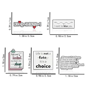 Five math and chemistry enamel pins set with heart formulas and size markers