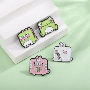 Cute Cartoon Animal Enamel Pin Brooch Zinc Alloy Square Rabbit Cat Dinosaur Frog Badge Jewelry For Backpack Clothing Accessories