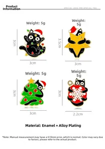 Detail view of black cat Christmas enamel pins with holiday lights and snowflake patterns