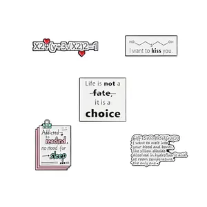 5-piece set of minimalist enamel pins with chemistry formulas and romantic letter designs