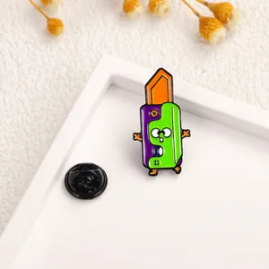 Macro view of cartoon panda knife enamel pin with purple and green contrast colors