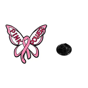 Pink ribbon butterfly lapel pin with Pink Power text and a black rubber clutch back