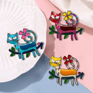 Cartoon Cat Enamel Brooch Pin Cute Animal Floral Branch Alloy Lapel Pins For Women Kids Bag Clothes Backpack Decoration Jewelry