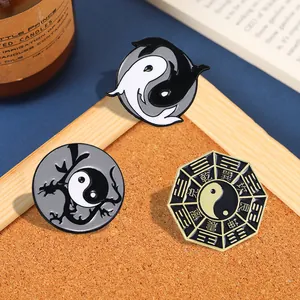 Traditional Chinese Tai Chi Yin Yang enamel brooch pin with vintage gold plated design