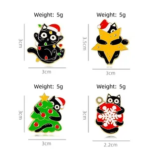 Set of four cute black cat Christmas enamel pins with holiday hats and decorations