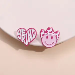 Pink heart BE KIND enamel pin set and cowboy hat smiley face metal badge accessory