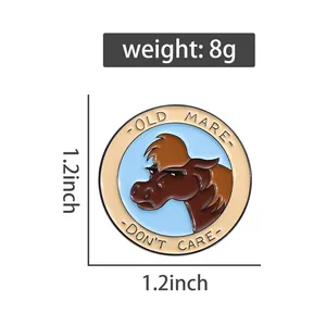Detailed macro view of 1.2x1.2 inch enamel horse pin with metal trim and text details