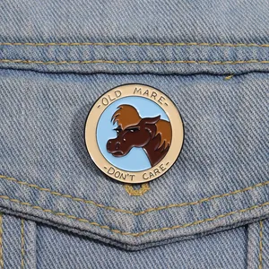 Funny Enamel Pin Old Mare Don't Care Cartoon Horse Head Round Metal Badge Brooch For Clothing Bags Jackets Jewelry Gift