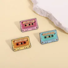 Set of 3 vintage cassette enamel pins in pink teal and orange for bags and hats