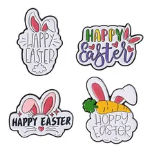 Cute pink rabbit ear Easter enamel pins with Happy Easter letters on white background