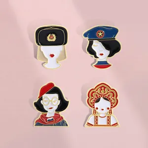 Set of four Russian style enamel pins featuring women in traditional and military hats