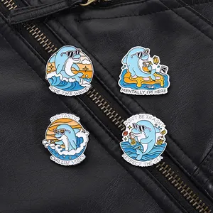 Set of four cute enamel dolphin pins with sunglasses on black leather jacket