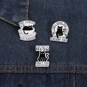 Humorous Black Cat Enamel Pin Brooch Funny Meow Quote Espresso Bad Luck Metal Badge For Clothes Backpack Hat Accessories