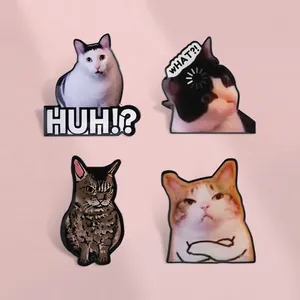 Set of four funny cat meme enamel pins featuring Huh Cat and confusion expressions