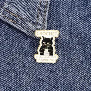 Funny Black Cat Crochet Enamel Pin Because Murder Is Wrong Metal Brooch Badge For Clothing Bags Backpack Accessories Gift