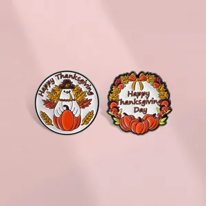 Enamel Thanksgiving lapel pins featuring turkey and pumpkin designs on soft purple background