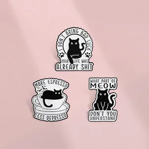 Three-piece black cat enamel pin set with humorous English quotes on pink background