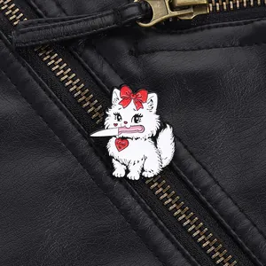 Cartoon Cute White Cat Holding Knife Alloy Enamel Brooch Badge For Women Teens Fashion Clothing Bag Accessory Gift