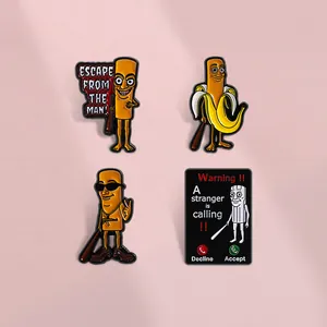 Set of four humorous cartoon stickman enamel pins for clothing and backpack accessories