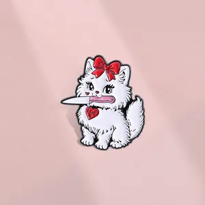 Cute white cat enamel pin with red bow and knife, featuring I CUT U heart tag