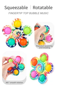 Vista macro del fidget spinner a fiore con motivi tie-dye colorati e bolle in silicone