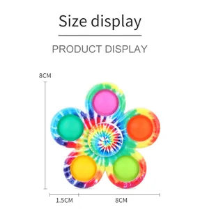 Dettaglio dimensioni di fidget spinner tie-dye con bolle colorate pop e design a fiori