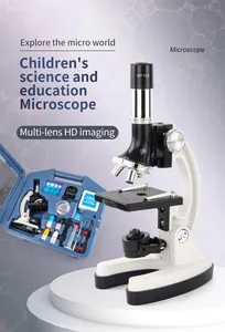 Set de microscopio científico infantil con cuerpo blanco y negro y caja azul de herramientas