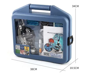 Kit de microscopio infantil de 28 piezas en maletín azul con microscopio de metal