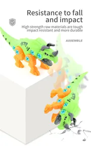 Detail shot of durable green DIY triceratops building toy showing drop-resistant features