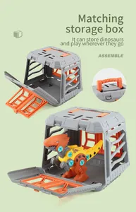 Detail of DIY dinosaur building toy with portable orange storage cage and blue screws