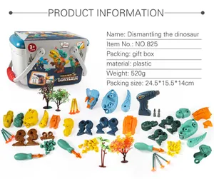 Macro view of DIY dinosaur assembly toy set with electric drill and storage box