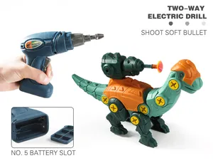 Detail of DIY dinosaur toy with two-way electric drill and battery compartment structure