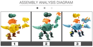 Assembly analysis diagram showing 3D dinosaur puzzle parts and screw components
