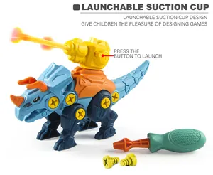 DIY dinosaur building kit showing a blue triceratops with sucker launcher and screwdriver