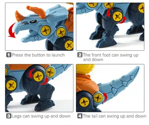 Detail of DIY triceratops toy with projectile button and flexible multi-joint movement