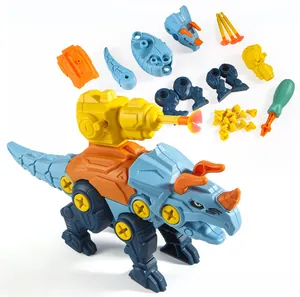 Detail view of DIY dinosaur assembly toy set with electric screwdriver and suction darts